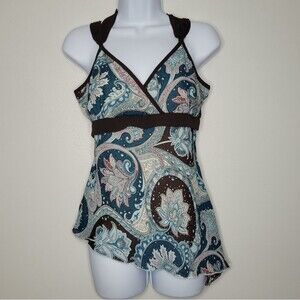 Vintage y2k 90s brown blue paisley print tie back going out top large